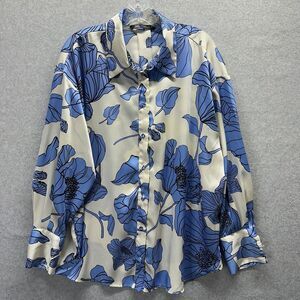 Zara Shirt Womens Extra Large Ecru Blue Floral Button Front Satin Blouse Relaxed
